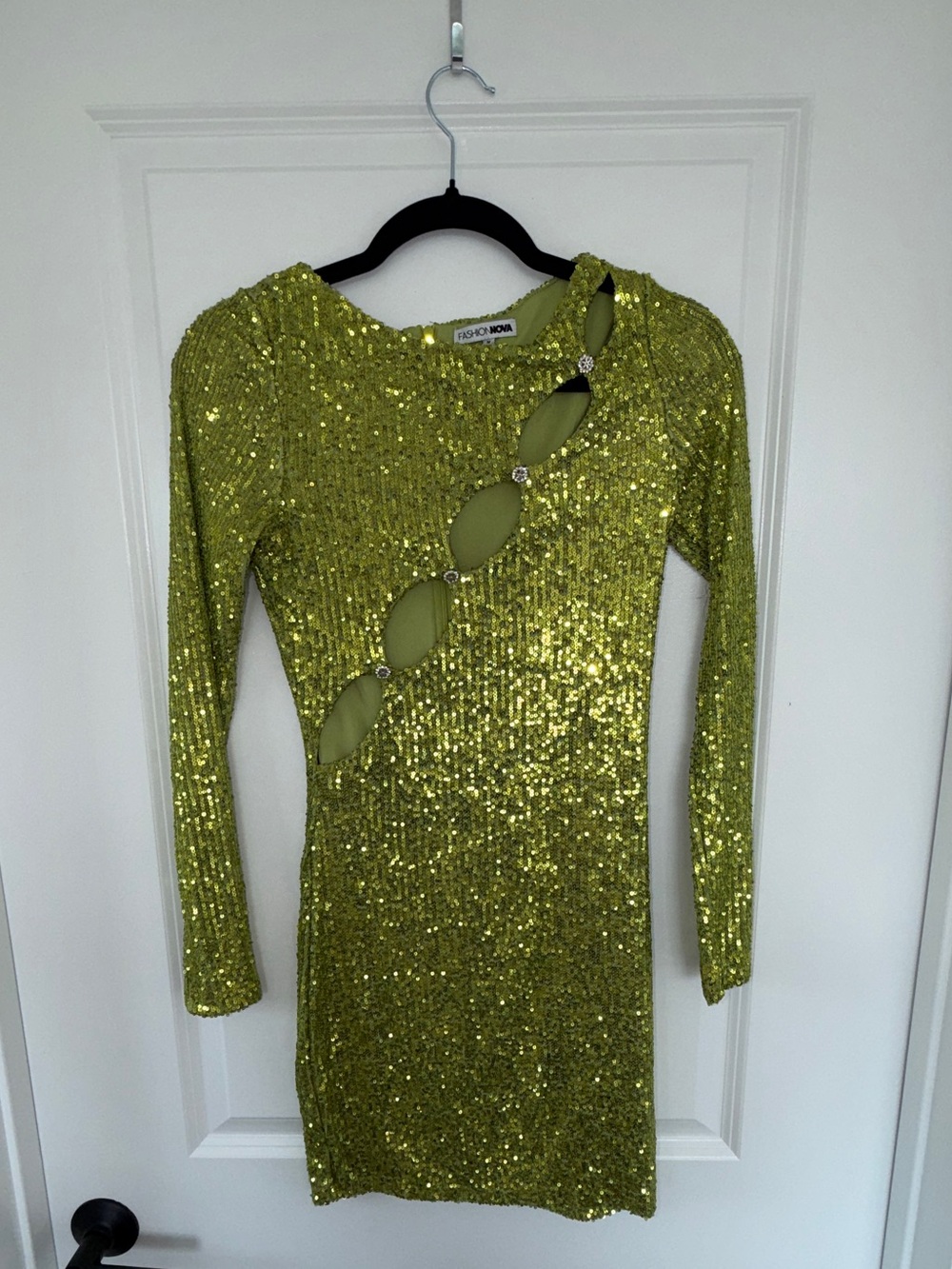 Fashion Nova “Hey Baby” Lime Green Sequin Mini Dress | Size M | Cutout